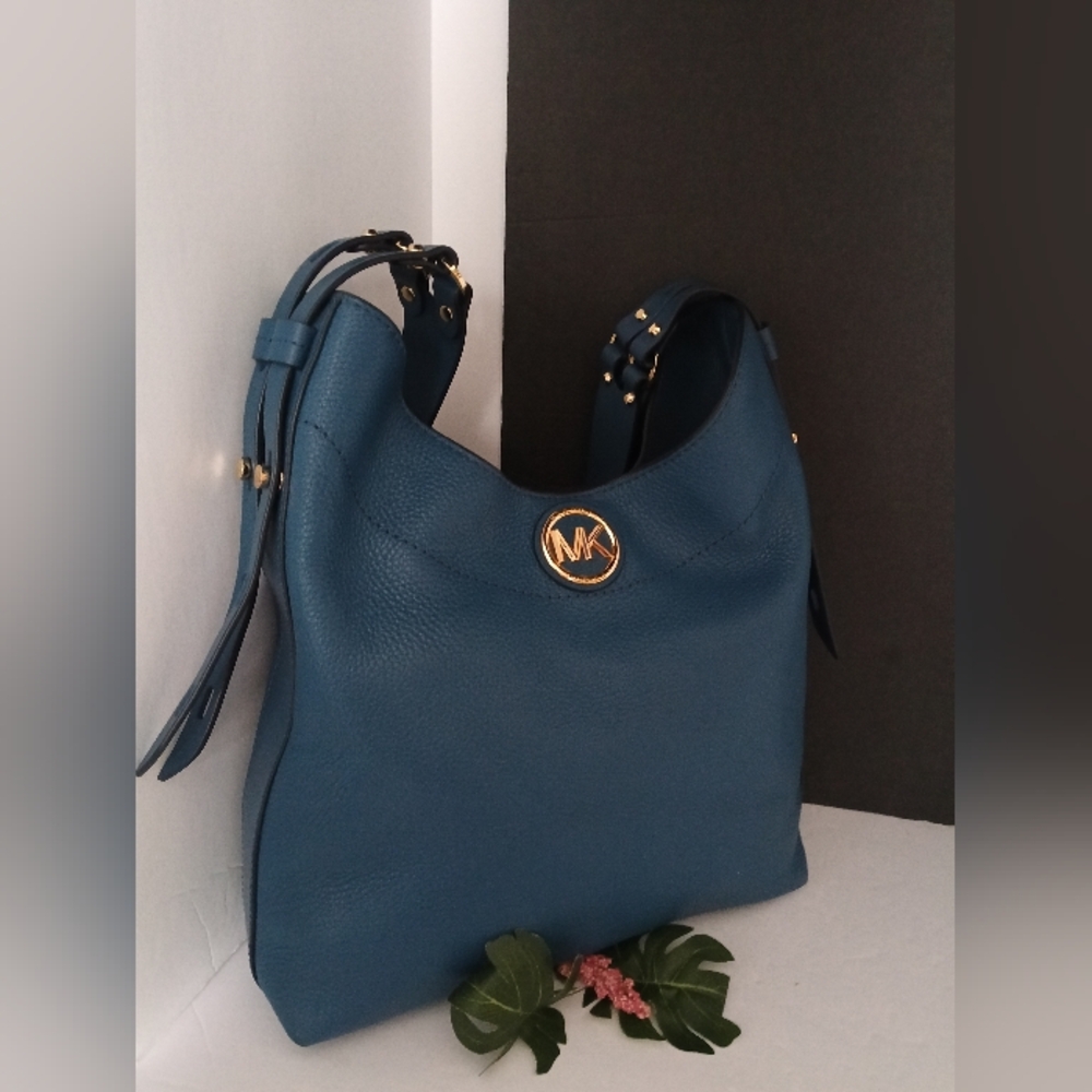 Michael Kors Blue Pebbled Leather Shoulder Tote with Gold Hardware